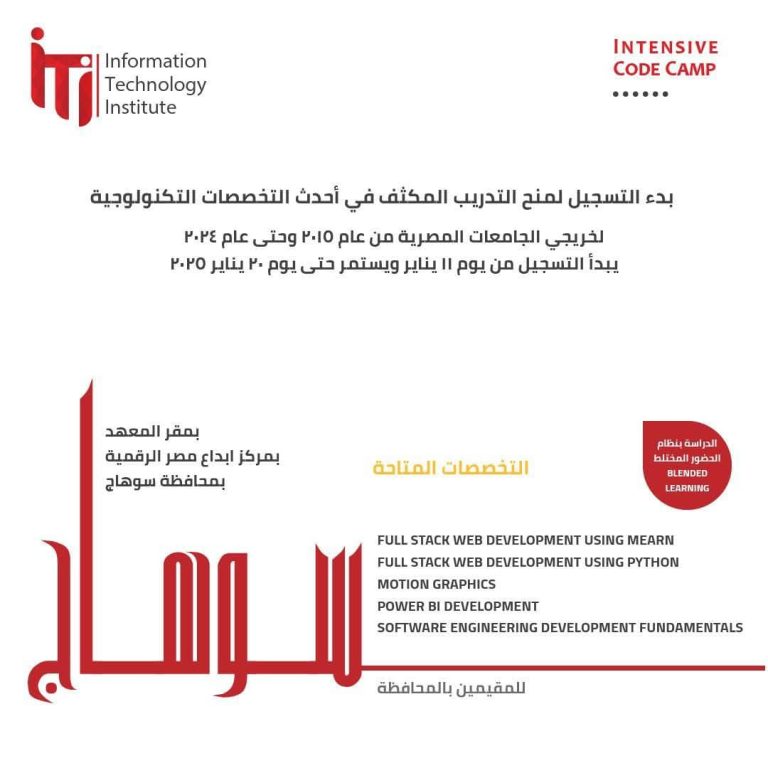 التدريب المكثف في تخصصاتمنح تكنولوجية متميزة لخريجي الجامعات المصرية من عام ٢٠١٥ وحتى عام ٢٠٢٤ ببمركز ابداع مصر الرقمية بجامعة سوهاج
